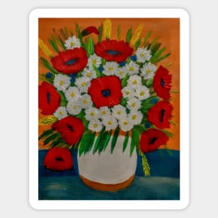 poppies that I painted with three different reds and some daisy's and long grass in white and bronze vase. Sticker